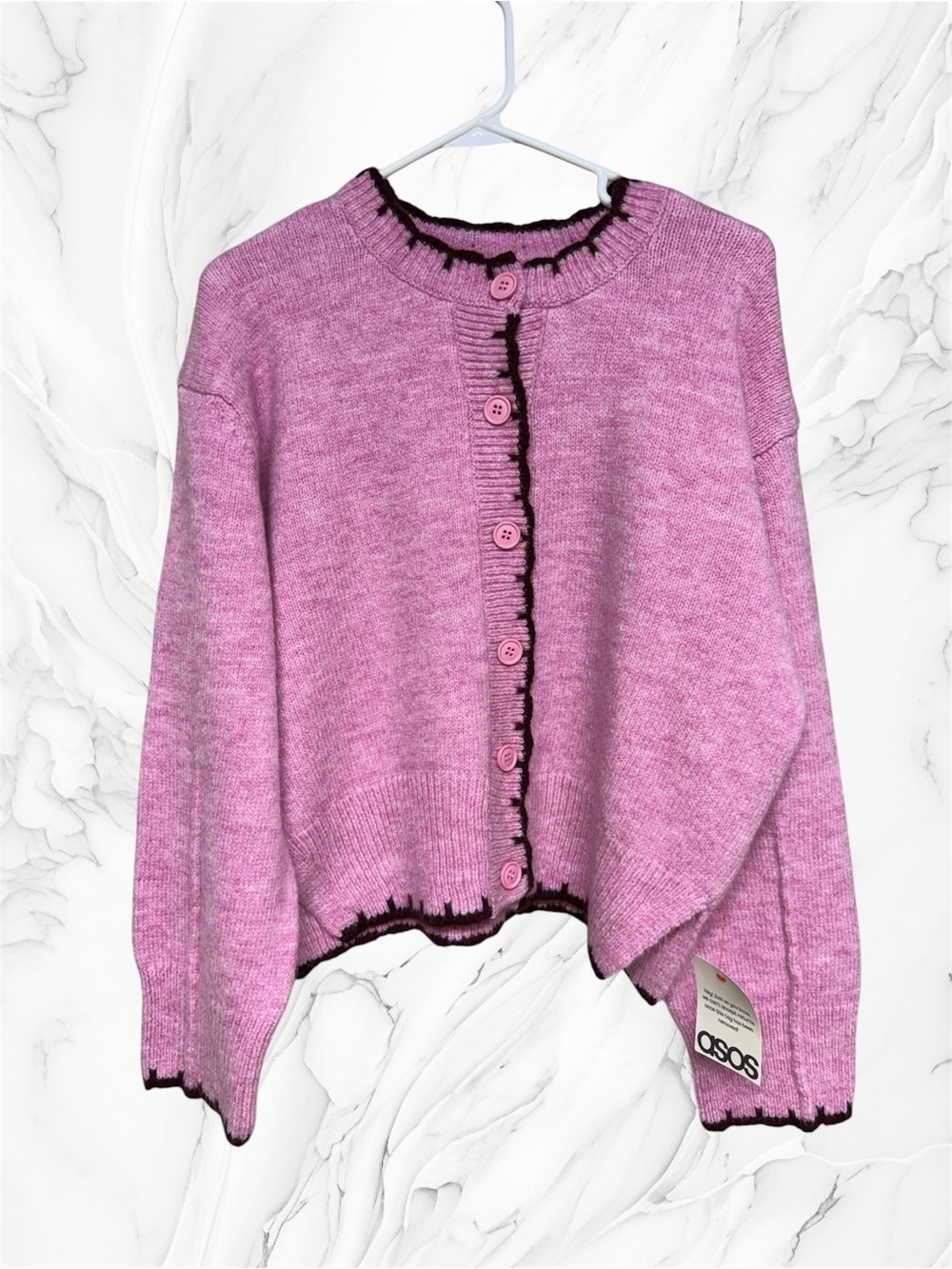 ASOS DESIGN boxy crew neck cardigan with side blanket stitching pink XS